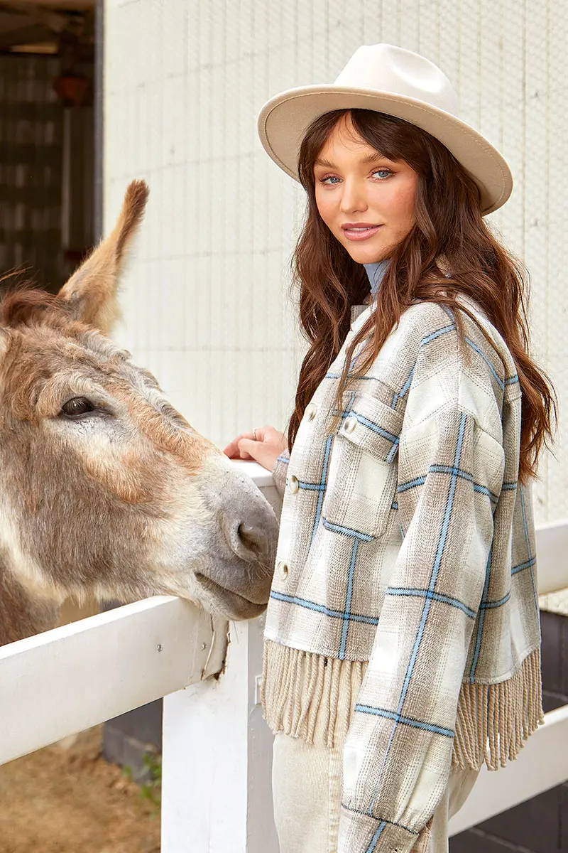 Almond-And-Ivory Fringe-Hem Plaid Button-Up Jacket 1