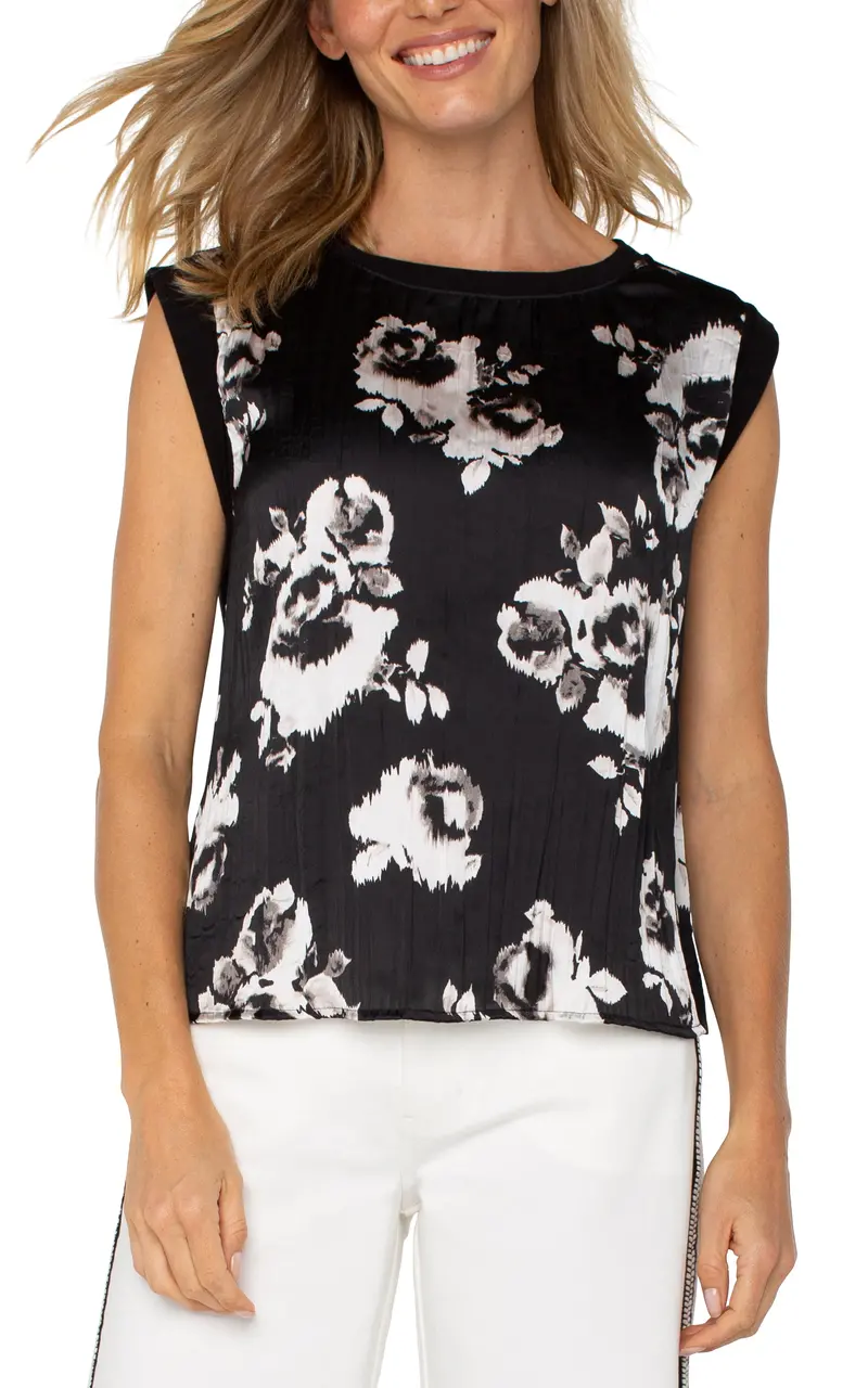Black-And-White Floral Sleeveless Top With Contrast Trim 1