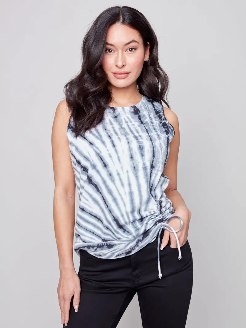 Charcoal Tie-Dye Sleeveless Tank With Scrunch Side Detail 1