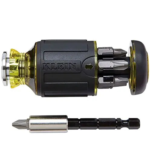 Klein Tools 32308 Impact-Rated 8-In-1 Magnetic Stubby Screwdriver — Adjustable Head With Phillips, Slotted, Square, And Nut Driver Bits 1
