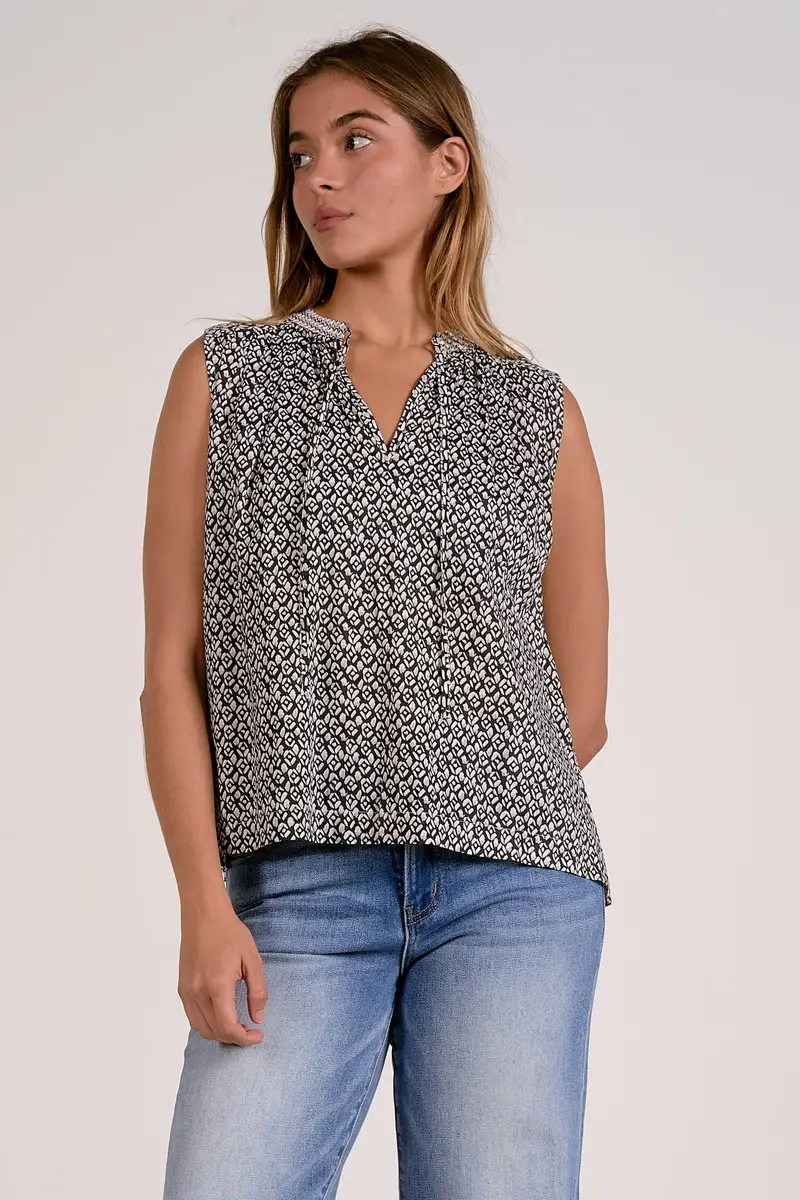Zina Black Flowy V-Neck Tie-Front Printed Tank 1